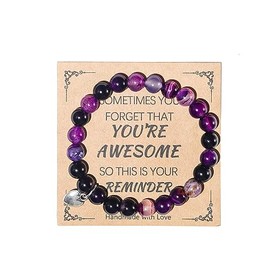 COLORFUL BLING Natural Healing Stone You’re Awesome Heart Beaded Strand Adjustable Bracelet with Meaningful Card Inspirational for Women Jewelry Gifts Wristbands Faith Christmas Birthday-Purple