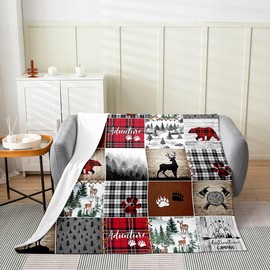 Lodge Cabin Fleece Throw Blanket All Season Cute Deer Wildlife Bed Blanket Bear Wolf Lattice Fuzzy Blanket for Bed Sofa Couch Farmhouse Plaid Red Brown Plush Blanket 50"x60"