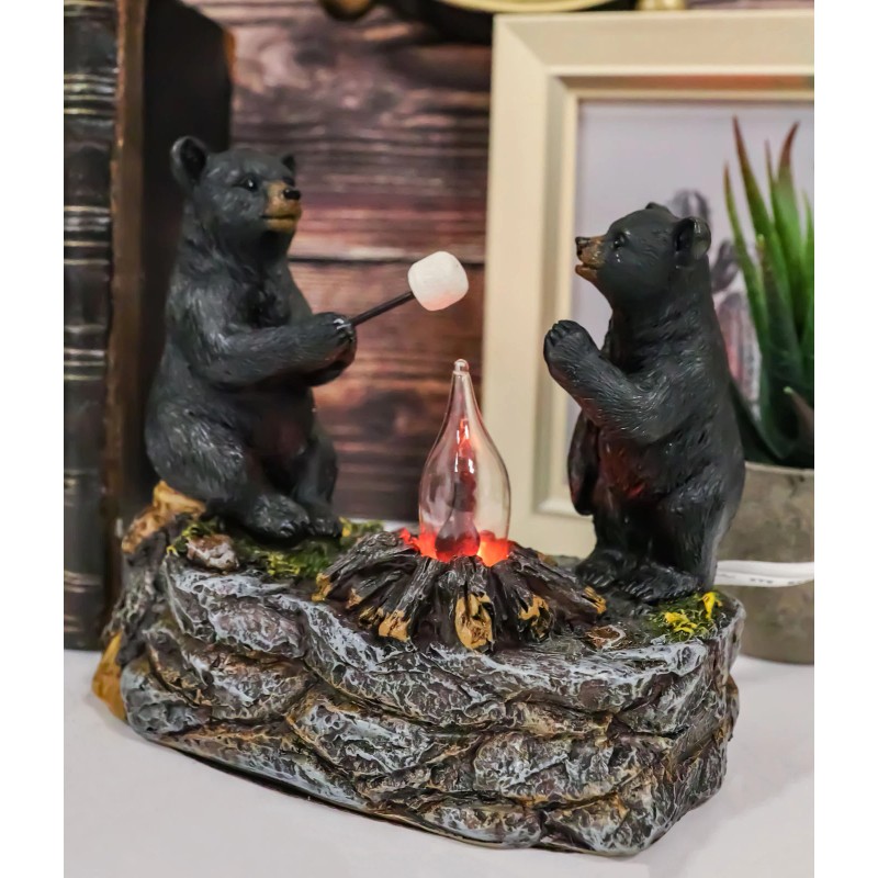 Rustic Forest Father Son Black Bears Making Smores Bonfire Night