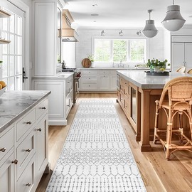 Lahome Moroccan Kitchen Runner Rug - 2x8 Non-Slip Washable Hallway Runner Rug Ultra-Thin Soft Throw Bathroom Runner Rug White Print Distressed Carpet Runner for Entryway Laundry Room Living Room