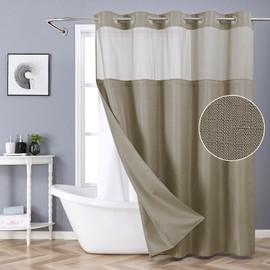 eachope No Hook Shower Curtain with Snap-in Fabric Liner Set,Slub Textured Fabric Shower Curtains for Bathroom,Hotel Style Modern Shower Curtain,Water Repellent & Washable,71x77(75),Tan/Khaki