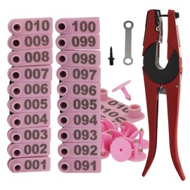 Livestock Ear Tag Pliers Tool, 001-100 Number Plastic Tags Sheep Ear Tag, with Spare Pins Ear Tag Applicator for Sheep Pig Livestock Dog Animal Deer Farm Horse Cow Cattle (Pink)