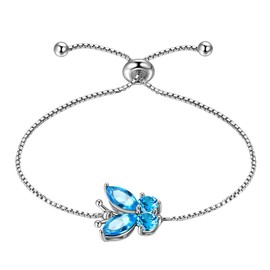 Hipunk Butterfly Blue Bracelets Birthstone Women 925 Sterling Silver March-Auqamarine Birth Stone Animal Butterflies Adjust Link Bracelet Crystal Birthday Jewelry SB0001M