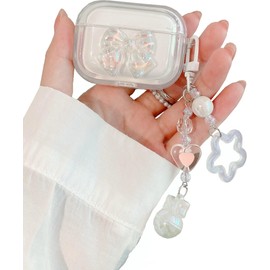 JANDM for AirPods 3 Case Cover with Keychain,Shockproof Soft Clear Cute 3D Crysta Bowknot Design Cover with Bling Heart Beads Keychain for AirPods 3nd Generation -Bowknot