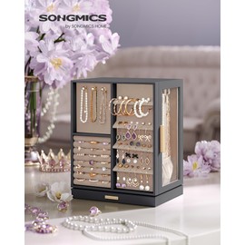 SONGMICS Jewelry Box 360° Rotating, Jewelry Storage Case with 5 Drawers, Jewelry Organizer, Glass Window, Spacious, Vertical Jewelry Storage, Open Design, Great Gift, Slate Gray UJBC170G01