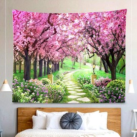 CHENGOR Tree Flower Tapestry Forest Path Red Cherry Blossom Wall Hanging Tapestry Living Room Bedroom Dorm Man Cave Background 200x150cm