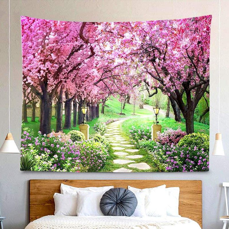 CHENGOR Tree Flower Tapestry Forest Path Red Cherry Blossom Wall