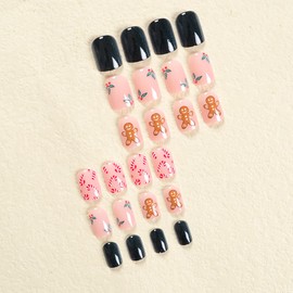 Christmas Press on Nails Short Square Fake Nails Xmas False Nails with Gingerbread Man Candy Designs Glue on Nails Full Cover Acrylic Nails Cute Winter Artificial Stick on Nails for Women 24 Pcs