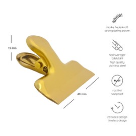 heimzeit Design Sealing Clips for Food Bags, Bags and Documents Made of High-Quality Stainless Steel in Gold [Pack of 12, 40 x 15 x 15 mm] Coloured Sealing Clips, Strong Spring Force