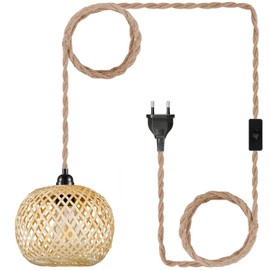 EcoGehen Vintage Pendant Lamp with Plug - Boho Lamp Pendant Light Rattan Bamboo Lampshade Hanging Light Dining Table Lamp Rustic Hanging Light 450 cm Cable E27 for Bedroom Hallway Kitchen Dining Table
