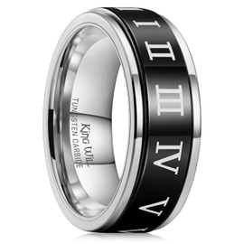 King Will 8mm Silver Black Mens Wedding Ring Tungsten Carbide Ring for Men Roman Numerals Engraved High Polished Surface Wedding Band Step Edge Comfort Fit Size 10.5