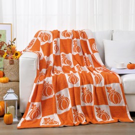 Buryeah Fall Pumpkin Knit Throw Blanket, 50 x 60 Inch Orange and White Reversible Knitted Throw Blanket, Cozy Soft Lightweight Autumn Gift for Couch Sofa Bed Travel