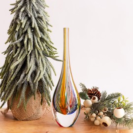 Ca D Oro Small Drop Glass Vase Boho with Colored Canes Hand Blown Murano-Style Art Glass - Model Tall