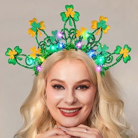 Kilshye St Patricks Day Headband Light Up Green Shamrock Hair Accessories Festival Costume Headbands for Women and Girls
