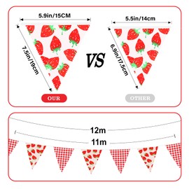 G2PLUS 12m Erdbeere Wimpelkette Baumwolle: 42 Stück Rot Weiß Karierter Wimpeln,15x19cm Große Wimpeln Girlande für Erdbeere Themen Geburtstagsparty,Taufparty,Gartendekoration