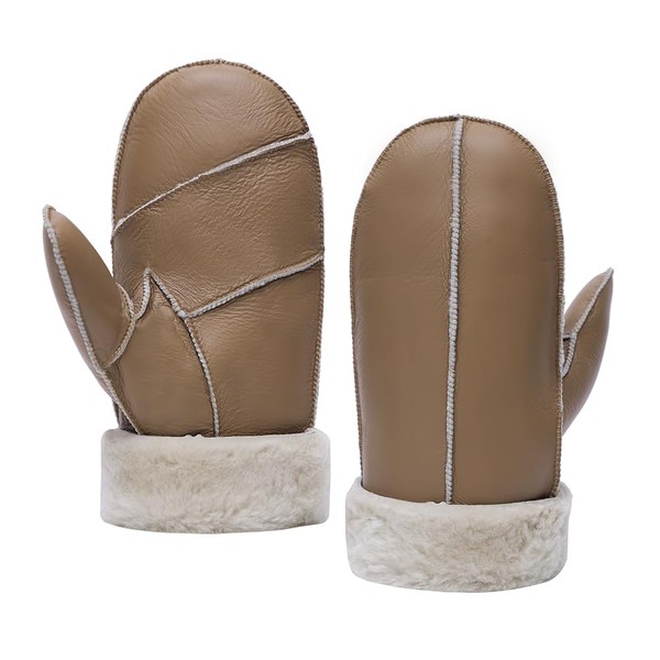 MGGMOKAY Men's Lambskin Shearling Mittens Warm Leather Gloves, Camel