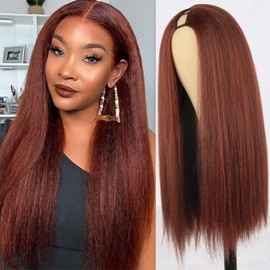 LEOSA Straight V Part Wig for Black Women Yaki Synthetic Upgrade U Part Half Wigs Long Yaki Straight U/V Part Wig 20 Inch
