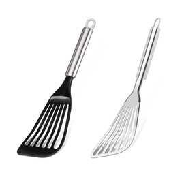 TENTA TENTA KITCHEN Pack of 2 Stainless Steel Slotted Fish Spatula and Nylon Slotted Egg Spatula Turner Shovel Non-Stick Heat Resistant Kitchen Utensils for Frying Fish, Eggs, Meat,French, Fries