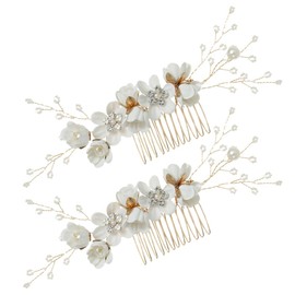2Pcs Wedding Hair Combs Bridal Pearl Flower Headpiece Floral Leaf Hair Accessory for Women White