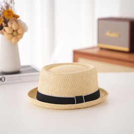HEYANN Pork Pie Straw Hat, Men's Pork Pie Fedora Hats 58 cm Summer Hat for Men & Women, Bowler Flat Top Sun Protection Classic Hat, Beige-02, Unit size
