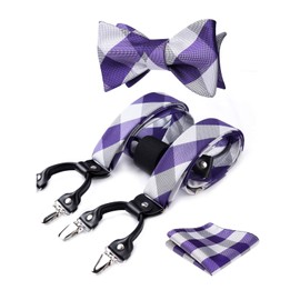 HISDERN Suspenders for Men Adjustable Purple Plaid Tuxedo Suspender and Bowtie Handkerchief Strong 6 Clips Mens Suit Braces Wedding Homecoming
