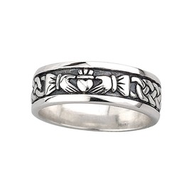 Biddy Murphy, Men's Irish Claddagh Wedding Band, 925 Sterling Silver Groom's Ring, Oxidized Black Patina Two-Toned Design, Made in Ireland by Artisan Jewelers, Size 13