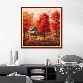 Joyhoor Cross Stitch Kits for Beginners Stamped Cross-Stitch Supplies Needlework preprint Embroidery Kits for Adults DIY Needlepoint Kits Embroidery Patterns 11CT-Red Maple Leaf Scenery 18.x18 inch