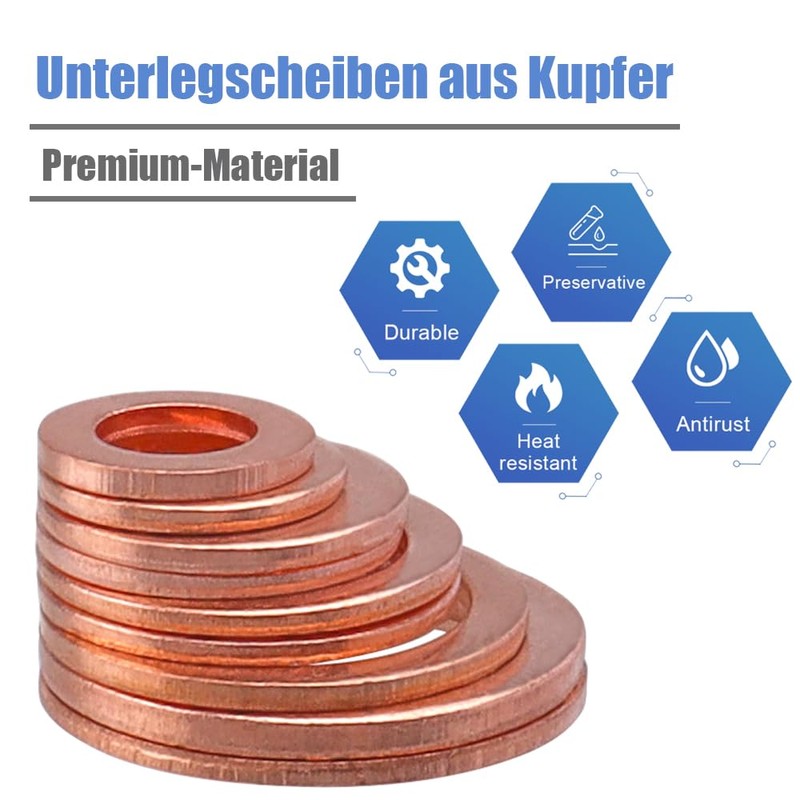 Mesee Pack of 200 Copper Washers, Copper Sealing Rings Assortment