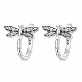 Qings Dragonfly Small Hoop Earrings for Women, S925 Sterling Silver Hypoallergenic Huggie Earrings Cute Animal Cubic Zirconia Hoop Earrings Jewelry Gifts for Women