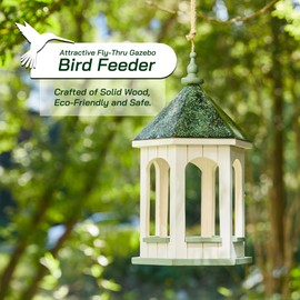 Glitzhome Bird Feeders for Outdoors Hanging Hexagon Shaped Wooden Wild Bird Feeder with Metal Roof and Large Capacity, 15.75" H