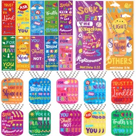 Ecally 30 Sets Christian Easter Gifts Dog Tag Necklace Religious Bookmarks Bible Verse Necklaces Religious Party Favor Inspirational Quotes Bookmarks for Sunday School Prize, 10 Styles(Bright Color)