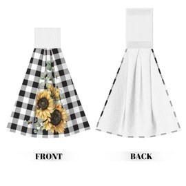 PDDCWAY 2 Pieces Black White Buffalo Plaid Hanging Kitchen Hand Towels,Sunflower Absorbent Soft Dish Towel with Loop Dish Cloth Tie Towels for Bathroom Kitchen Home Decor(Classic Style)