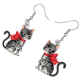 RAIDIN Acrylic Cute Cartoon Cat Pets Earrings for Women Girls Anime Kitten Dangle Hook Earrings Jewelry Gifts for Cat Lovers (Ash)
