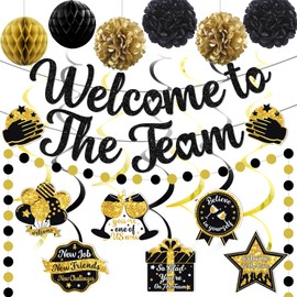 Welcome To The Team Banner Black Glitter, Welcome Banner Circle Dots Garland Hanging Swirls Paper Flowers Honeycomb Balls, Welcome Decorations for Employee Office Teacher Colleague Staff