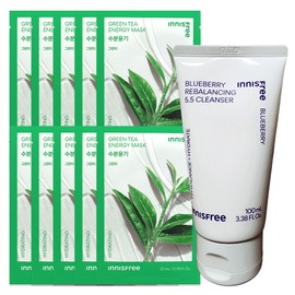 (10 sheets) Innisfree Energy Mask Green Tea + Blueberry Rebalancing 5.5 Cleanser 100ml / (10매)이니스프리 에너지 마스크 그린티+블루베리 리밸런싱 5.5 클렌저 100ml