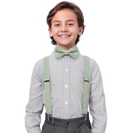 BELLUNO Dusty Sage Pre-tied Bow Tie and Suspenders Set, Cotton and Linen, Toddlers and Boys