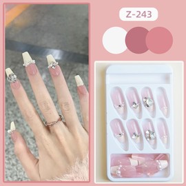 Press on Nails French 24Pcs Glossy Full Cover Medium Artificial Square False Nails with Rhinestone Pearl Designs Glue Stick on Fingernails with Charm for Women Coffin Acrylic Fake Nails Sets