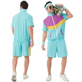 Coseaon 80s Outfit for Men 90s Track Suit Men's Retro Color Block Short Sleeve Jacket Shorts Set Outfits Costumes for Party (US, Alpha, XX-Large, Regular, Regular, Green)