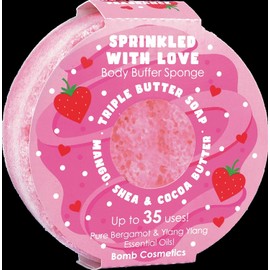 Bomb Cosmetics Body Buffer Soap Infused Sponge 2 in 1 Cleanse Exfoliating Moisturising Triple Butter Soap Sponge with Soap Inside Sprinkled with Love