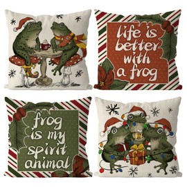 QIONG MENG Christmas Frog Pillow Covers Xmas Throw Pillows Home Sofa Living Room Decorative Cushion Case 18x18 Inch Set of 4