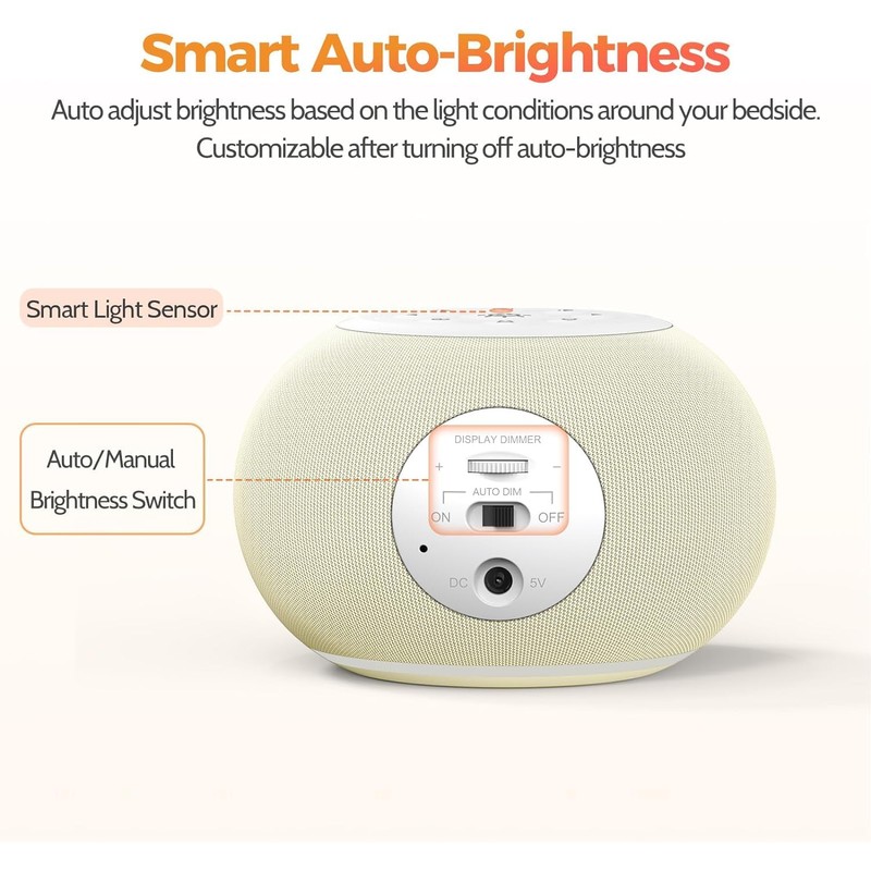 Reacher Auto-Dimmable Alarm Clock White Noise Machine with Night Light,