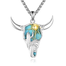ANGSAU Turquoise Cow Skull Necklace S925 Sterling Silver Bull Pendant Necklace Western Country Jewelry Gifts for Women Men, Sterling Silver, No Gemstone
