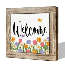 Welcome Sign, Wooden Box Signs for Home Decor, Spring Summer Fall Welcome Sign, Rustic Door Hanger, Tulip Flower Wall Sign, Farmhouse Decor for Front Door Porch Entryway, Home Welcome Sign