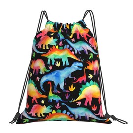 Richugui Retro 80s Drawstring Backpack Dinosaur Drawstring Bags Sports Gym Bag For Women Men Backpacks Swim Bag For Beach