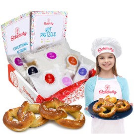 Baketivity Kids Baking Set, Meal Cooking Party Supply Kit for Teens, Real Fun Little Junior Chef Essential Kitchen Lessons, Includes Pre-Measured Ingredients (Kit +Hat & Apron, Pretzel)