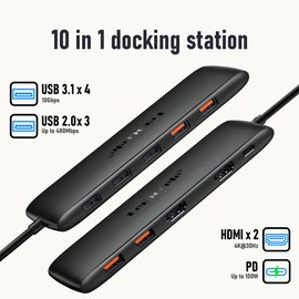 Lemorele 10 -in-1 USB C Docking Station for Laptop Dell Mac HP Lenovo, 10Gbps USB C Hub with 2 HDMI, 4*USB 3.1 10Gbps Data Port, 100W PD Charging, 3 USB 2.0 for Keybord, Mouse