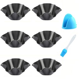 Abgream Tortilla Pan Set - 6 Pack Carbon Steel Non-Stick Taco Salad Bowl Tortilla Shell Maker Black Baking Pans with a Silicone Potholder and a Basting Brush (Small)