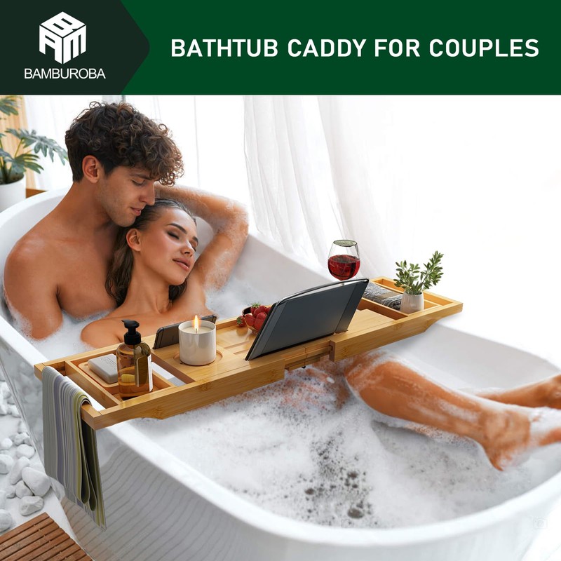 Bamboo Bathtub Caddy Tray Expandable for Luxury Bath, Bath Accessories