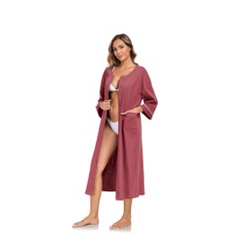 COLORFULLEAF 100% Cotton Zipper Robes for Women 3/4 Sleeve Bathrobe Lightweight with Pockets Loungewear(Purplish Red,L)