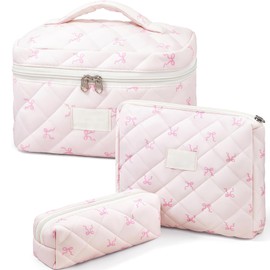 FloralGrace 3 Piece Cosmetic Bag Set, Ladies Cosmetic Bag with Bow, Cosmetic Pouch Bow, Cosmetic Bag, Small Make Up Bag Bow, Make-up Bag, Ladies Quilted Toiletry Bag